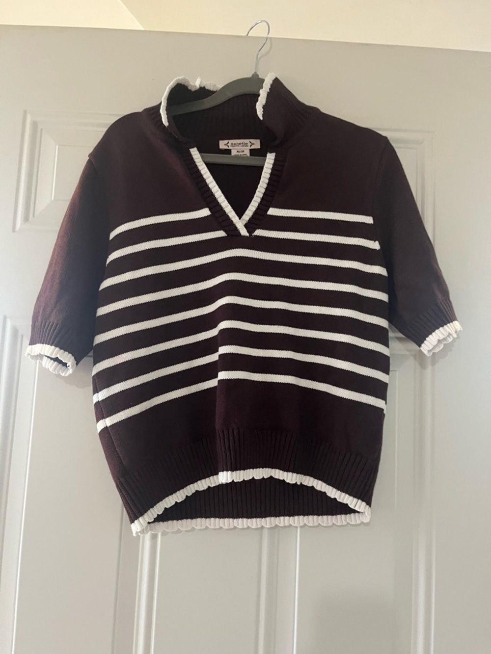 Nanette Lepore Burgundy and White Striped V-Neck Short Sleeve Sweater